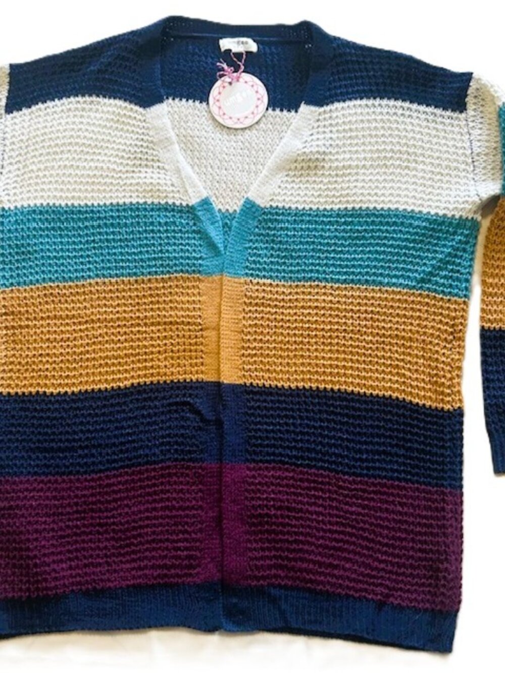 Umgee Women Small Striped Knit Open Front Cardigan Multicolor Boho Colorful Read